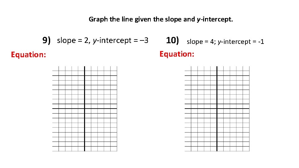 Graph the line given the slope and y-intercept. 9) slope = 2, y-intercept =