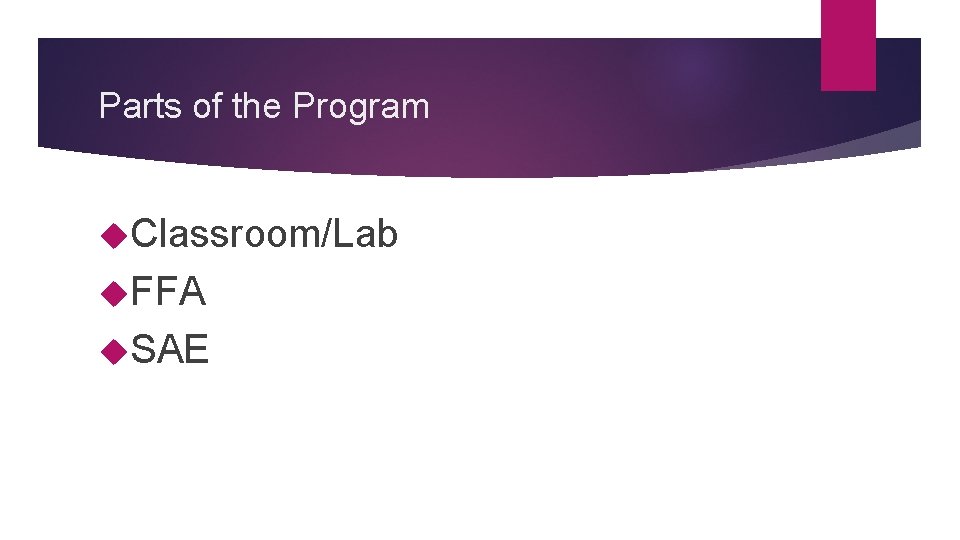 Parts of the Program Classroom/Lab FFA SAE 