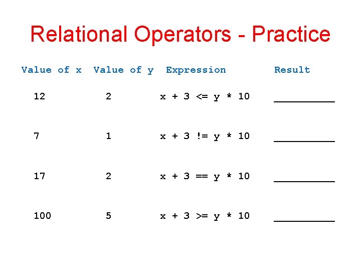 Relational Operators - Practice Value of x Value of y Expression Result 12 2