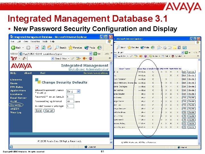 Integrated Management Database 3. 1 • New Password Security Configuration and Display Copyright© 2005