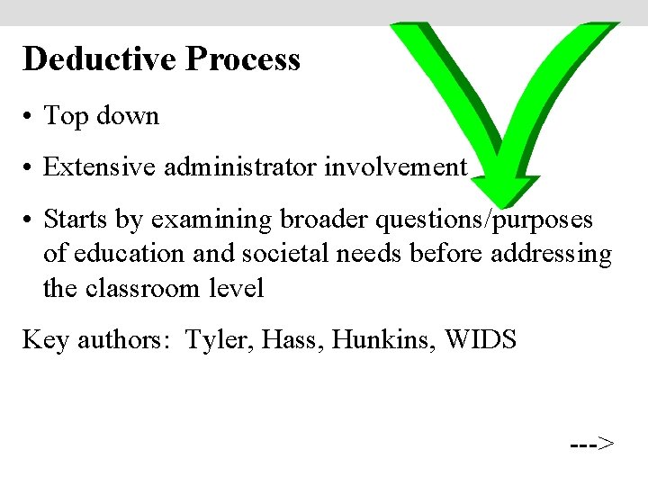 Deductive Process • Top down • Extensive administrator involvement • Starts by examining broader