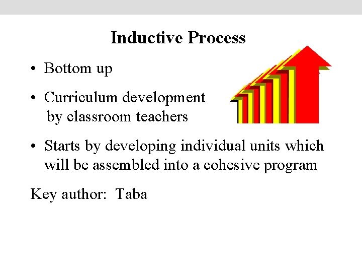 Inductive Process • Bottom up • Curriculum development by classroom teachers • Starts by