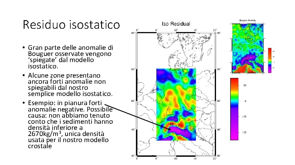 Residuo isostatico • Gran parte delle anomalie di Bouguer osservate vengono ‘spiegate’ dal modello