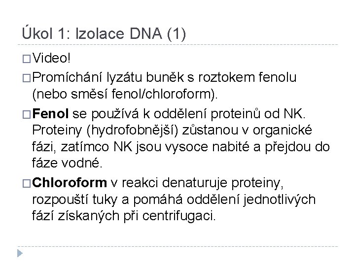 Úkol 1: Izolace DNA (1) �Video! �Promíchání lyzátu buněk s roztokem fenolu (nebo směsí