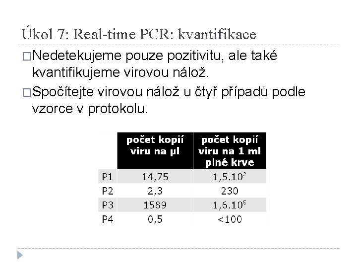 Úkol 7: Real-time PCR: kvantifikace �Nedetekujeme pouze pozitivitu, ale také kvantifikujeme virovou nálož. �Spočítejte