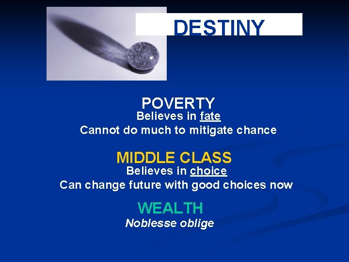 DESTINY POVERTY Believes in fate Cannot do much to mitigate chance MIDDLE CLASS Believes