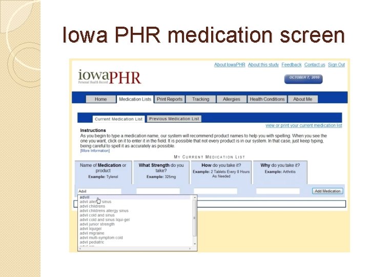 Iowa PHR medication screen 