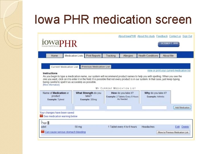 Iowa PHR medication screen 