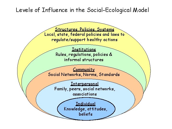 Levels of Influence in the Social-Ecological Model Structures, Policies, Systems Local, state, federal policies