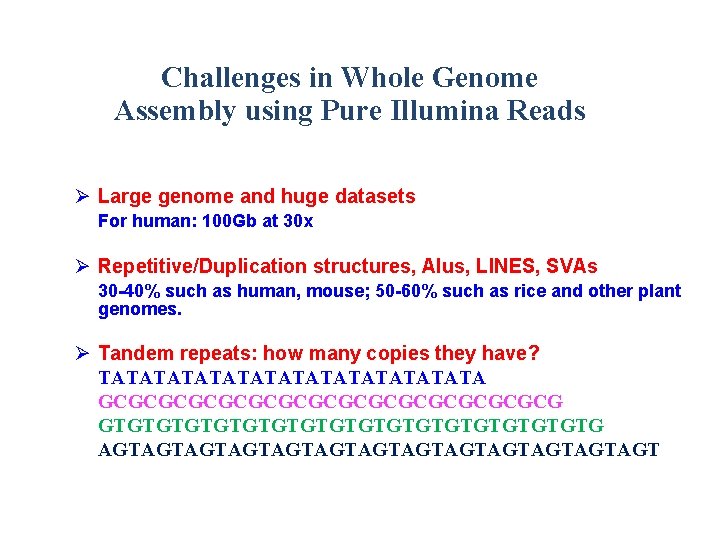 Challenges in Whole Genome Assembly using Pure Illumina Reads Ø Large genome and huge