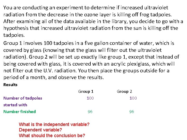 You are conducting an experiment to determine if increased ultraviolet radiation from the decrease