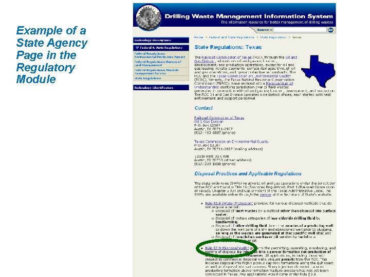 Example of a State Agency Page in the Regulatory Module 