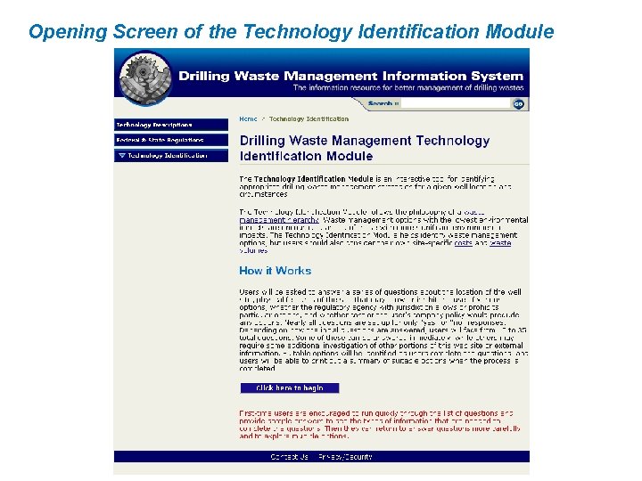 Opening Screen of the Technology Identification Module 