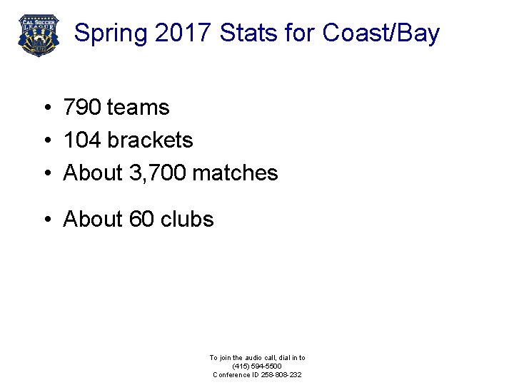 Spring 2017 Stats for Coast/Bay • 790 teams • 104 brackets • About 3,