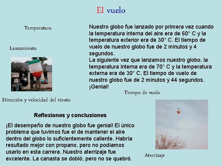 El vuelo Temperatura Lanzamiento Nuestro globo fue lanzado por primera vez cuando la temperatura