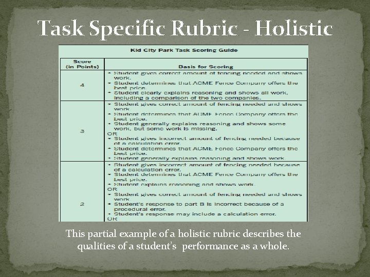 Task Specific Rubric - Holistic This partial example of a holistic rubric describes the