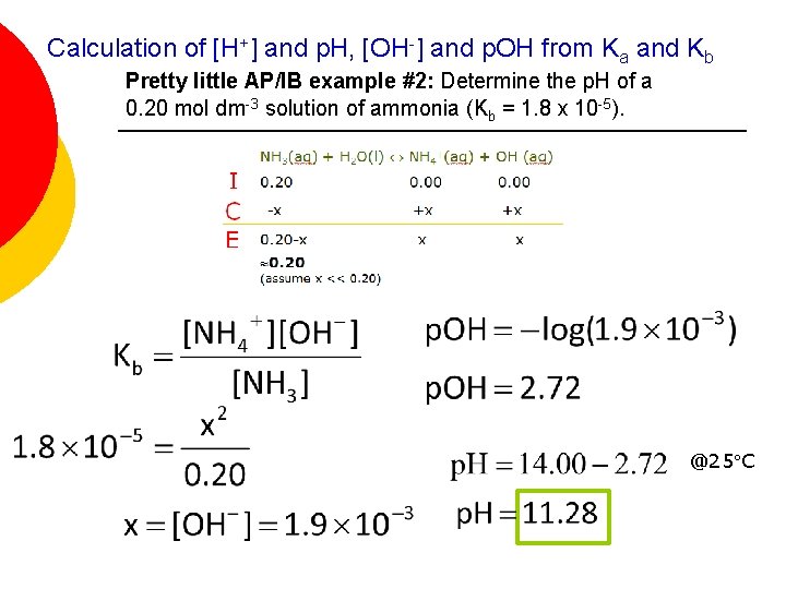 Calculation of [H+] and p. H, [OH-] and p. OH from Ka and Kb