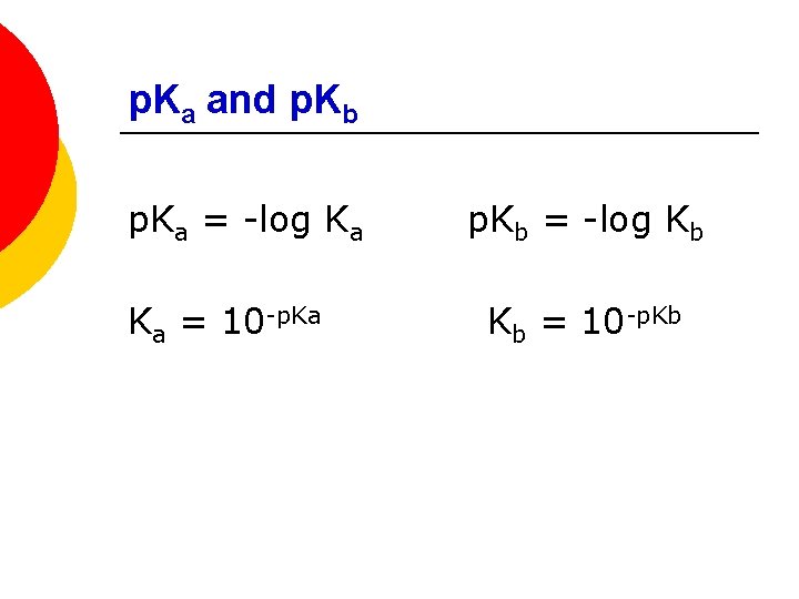 p. Ka and p. Kb p. Ka = -log Ka Ka = 10 -p.