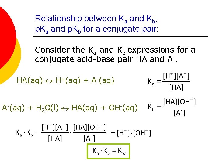 Relationship between Ka and Kb, p. Ka and p. Kb for a conjugate pair: