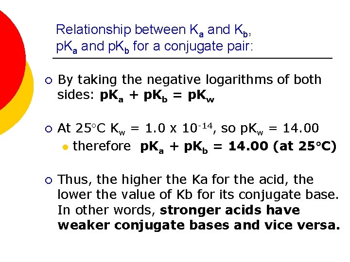 Relationship between Ka and Kb, p. Ka and p. Kb for a conjugate pair: