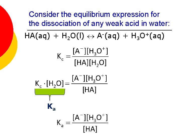 Consider the equilibrium expression for the dissociation of any weak acid in water: HA(aq)