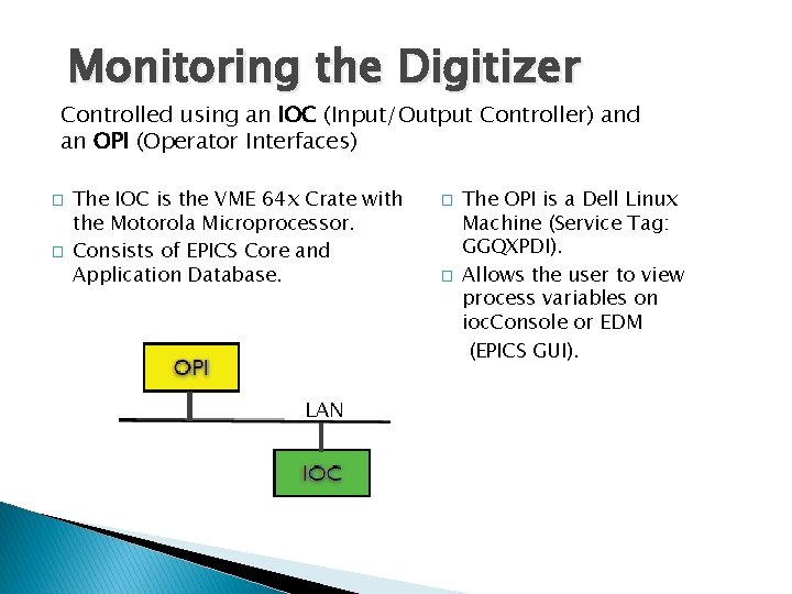 Monitoring the Digitizer Controlled using an IOC (Input/Output Controller) and an OPI (Operator Interfaces)