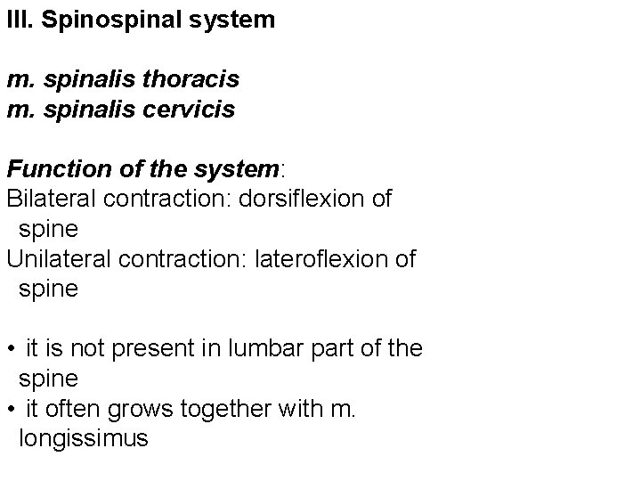 III. Spinospinal system m. spinalis thoracis m. spinalis cervicis Function of the system: Bilateral