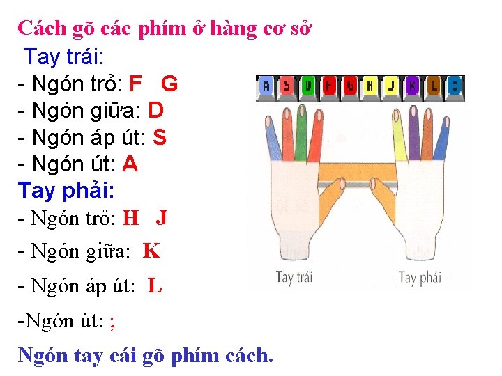 Cách gõ các phím ở hàng cơ sở Tay trái: - Ngón trỏ: F