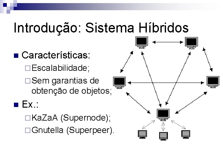 Introdução: Sistema Híbridos n Características: ¨ Escalabilidade; ¨ Sem garantias de obtenção de objetos;