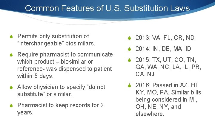 Common Features of U. S. Substitution Laws S Permits only substitution of “interchangeable” biosimilars.