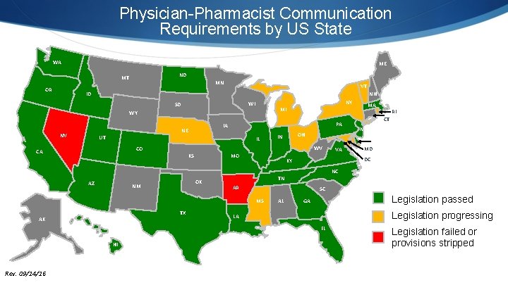 Physician-Pharmacist Communication Requirements by US State WA ME ND MT OR MN VT ID