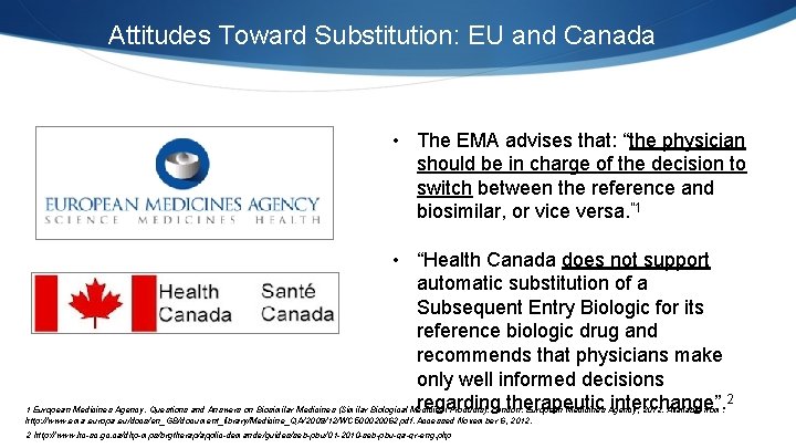 Attitudes Toward Substitution: EU and Canada • The EMA advises that: “the physician should