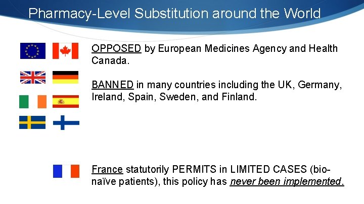 Pharmacy-Level Substitution around the World OPPOSED by European Medicines Agency and Health Canada. BANNED