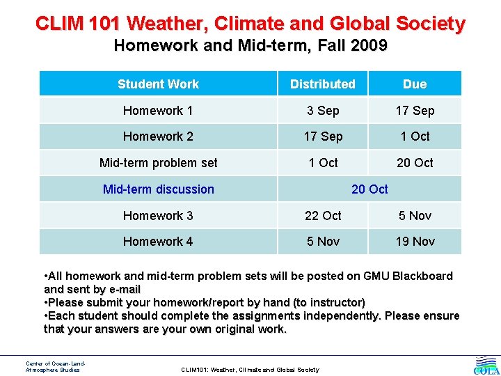 CLIM 101 Weather, Climate and Global Society Homework and Mid-term, Fall 2009 Student Work