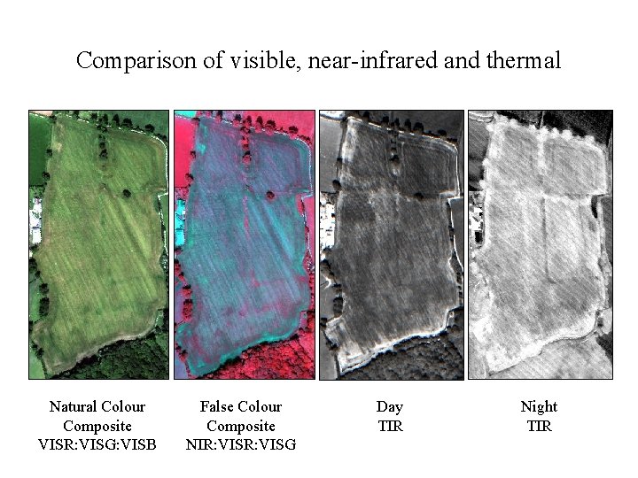 Comparison of visible, near-infrared and thermal Natural Colour Composite VISR: VISG: VISB False Colour