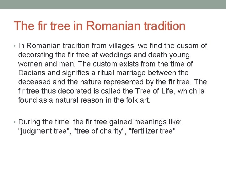 The fir tree in Romanian tradition • In Romanian tradition from villages, we find