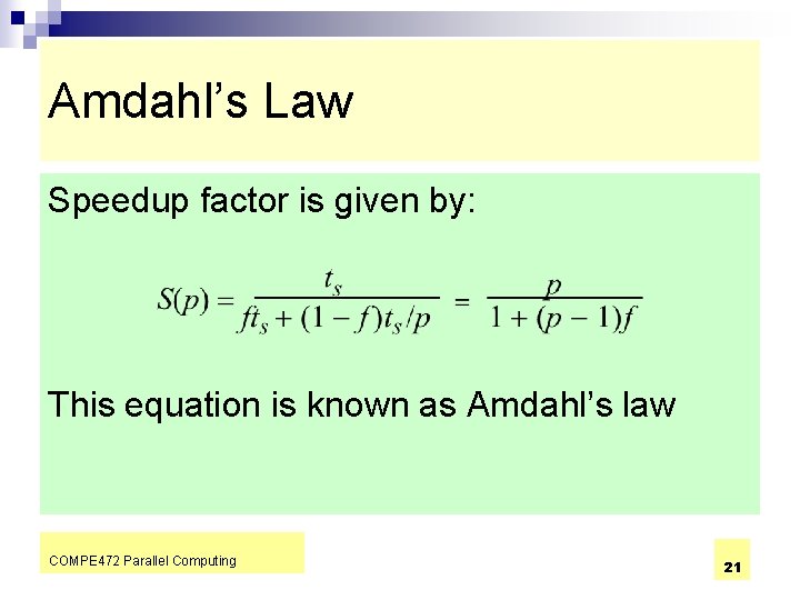 Amdahl’s Law Speedup factor is given by: This equation is known as Amdahl’s law