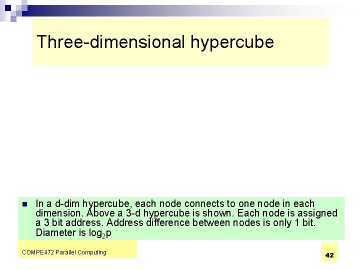 Three-dimensional hypercube n In a d-dim hypercube, each node connects to one node in