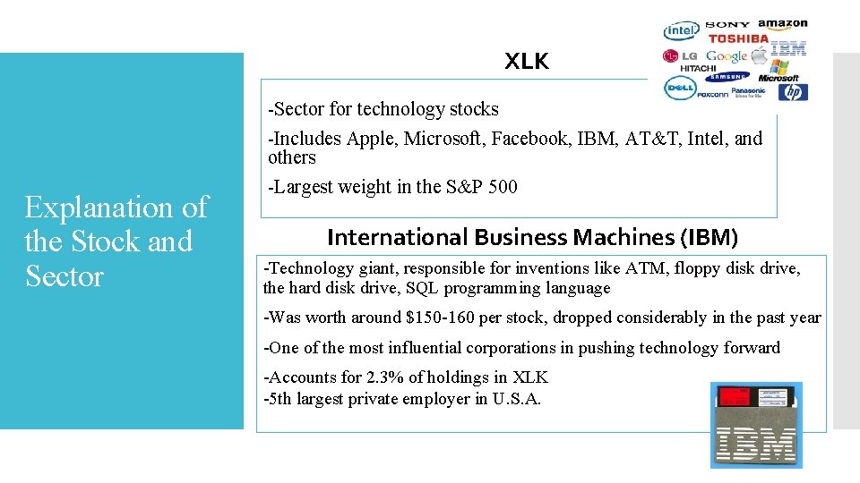 XLK -Sector for technology stocks -Includes Apple, Microsoft, Facebook, IBM, AT&T, Intel, and others