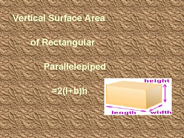 Vertical Surface Area of Rectangular Parallelepiped =2(l+b)h 