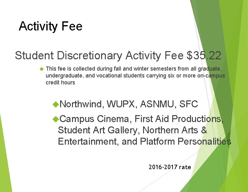 Activity Fee Student Discretionary Activity Fee $35. 22 This fee is collected during fall