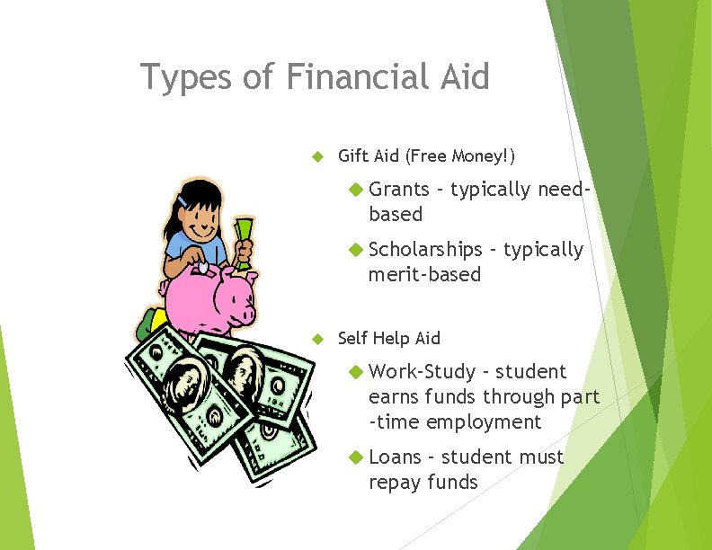 Types of Financial Aid Gift Aid (Free Money!) Grants – typically needbased Scholarships –