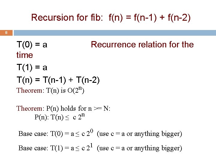 Recursion for fib: f(n) = f(n-1) + f(n-2) 8 T(0) = a Recurrence relation