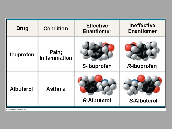 Drug Condition Ibuprofen Pain; inflammation Albuterol Effective Enantiomer Ineffective Enantiomer S-Ibuprofen R-Albuterol S-Albuterol Asthma