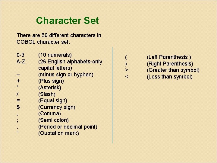 Character Set There are 50 different characters in COBOL character set. 0 -9 A-Z Character Set There are 50 different characters in COBOL character set. 0 -9 A-Z