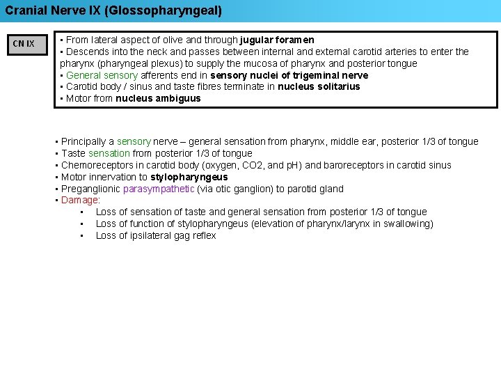 Cranial Nerve IX (Glossopharyngeal) CN IX • From lateral aspect of olive and through