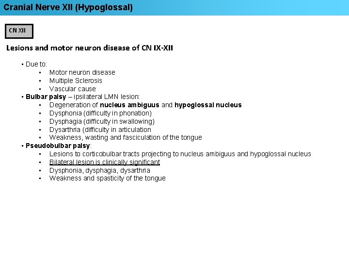 Cranial Nerve XII (Hypoglossal) CN XII Lesions and motor neuron disease of CN IX-XII