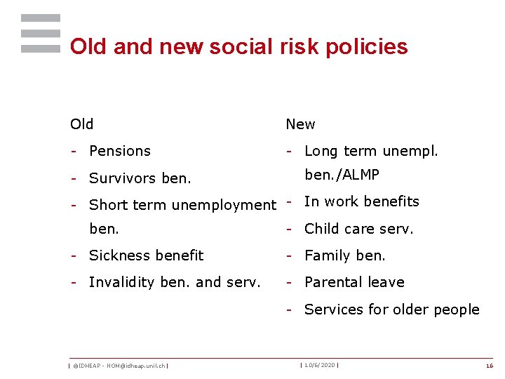 Old and new social risk policies Old New - Pensions - Long term unempl.