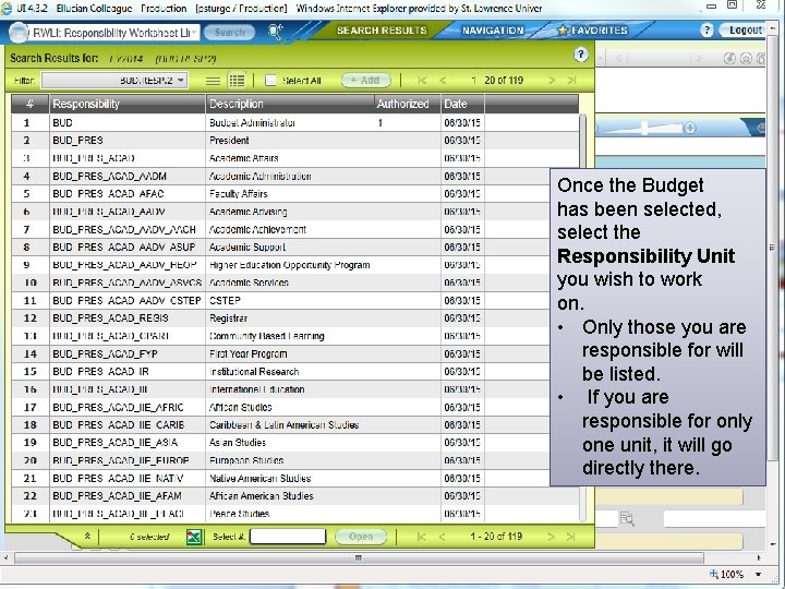 Once the Budget has been selected, select the Responsibility Unit you wish to work
