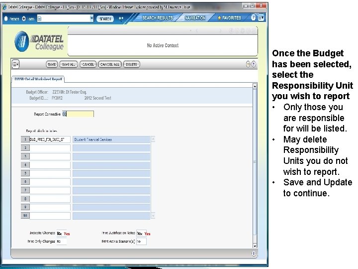 Once the Budget has been selected, select the Responsibility Unit you wish to report